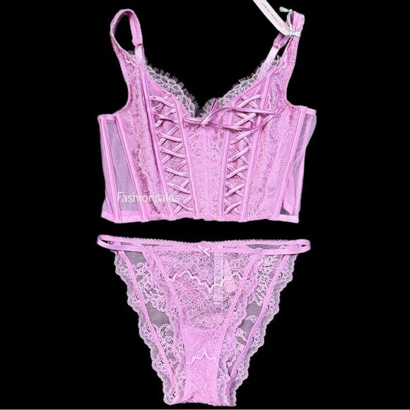 Victorias Secret Dream Angels Lace-up Corset Top Bra & String Bikini Set Pink - Picture 2 of 6